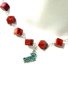 Red Reconstituted (Compressed) Coral w/ Silver Cat Person Pendant Necklace